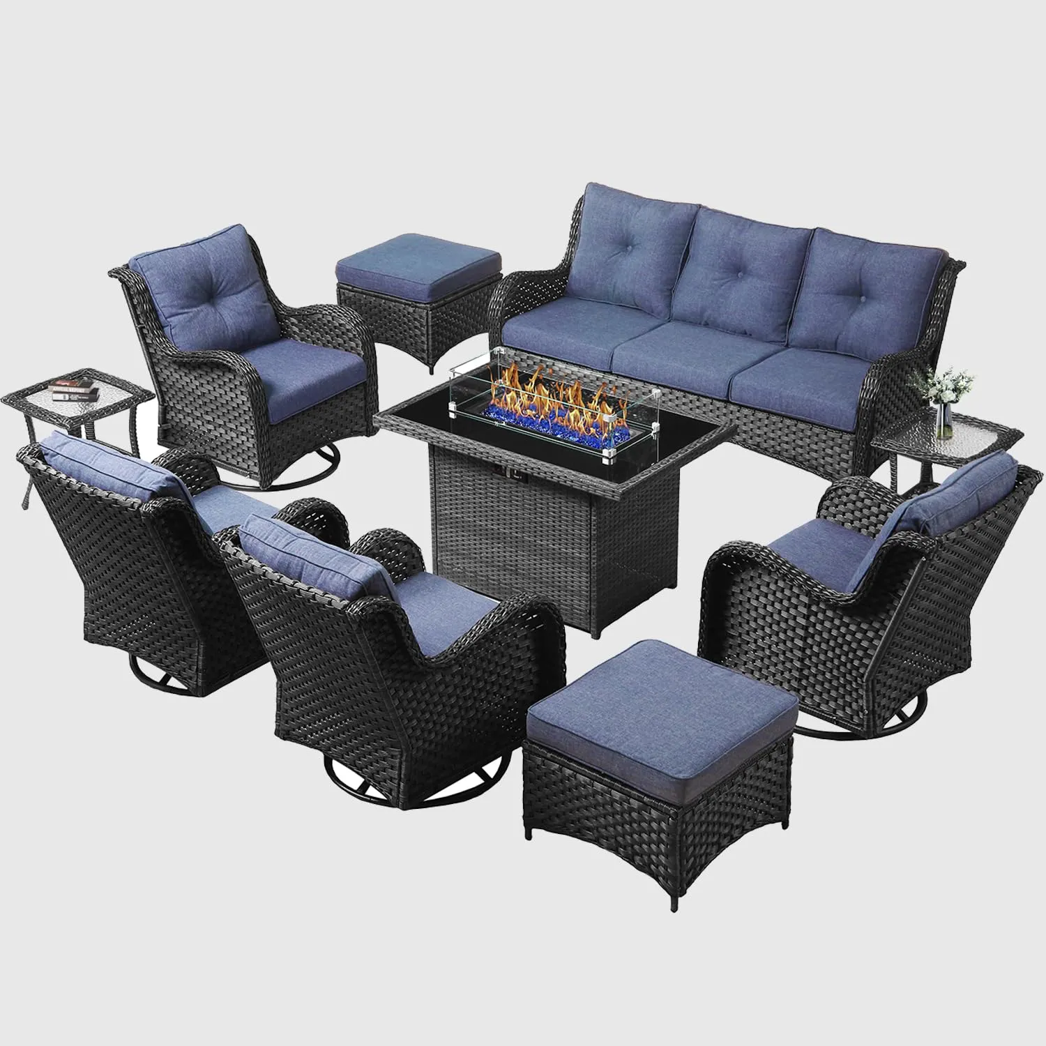 10 Pieces Outdoor Patio Furniture Set with Fire Pit Table, Wicker Rattan Swivel Glider Rocker Swivel Rocking Chairs Patio Sofa with Ottomans and Side Table