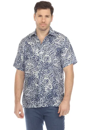 100% Linen Short Sleeve Navy Blue Abstract Print Shirt