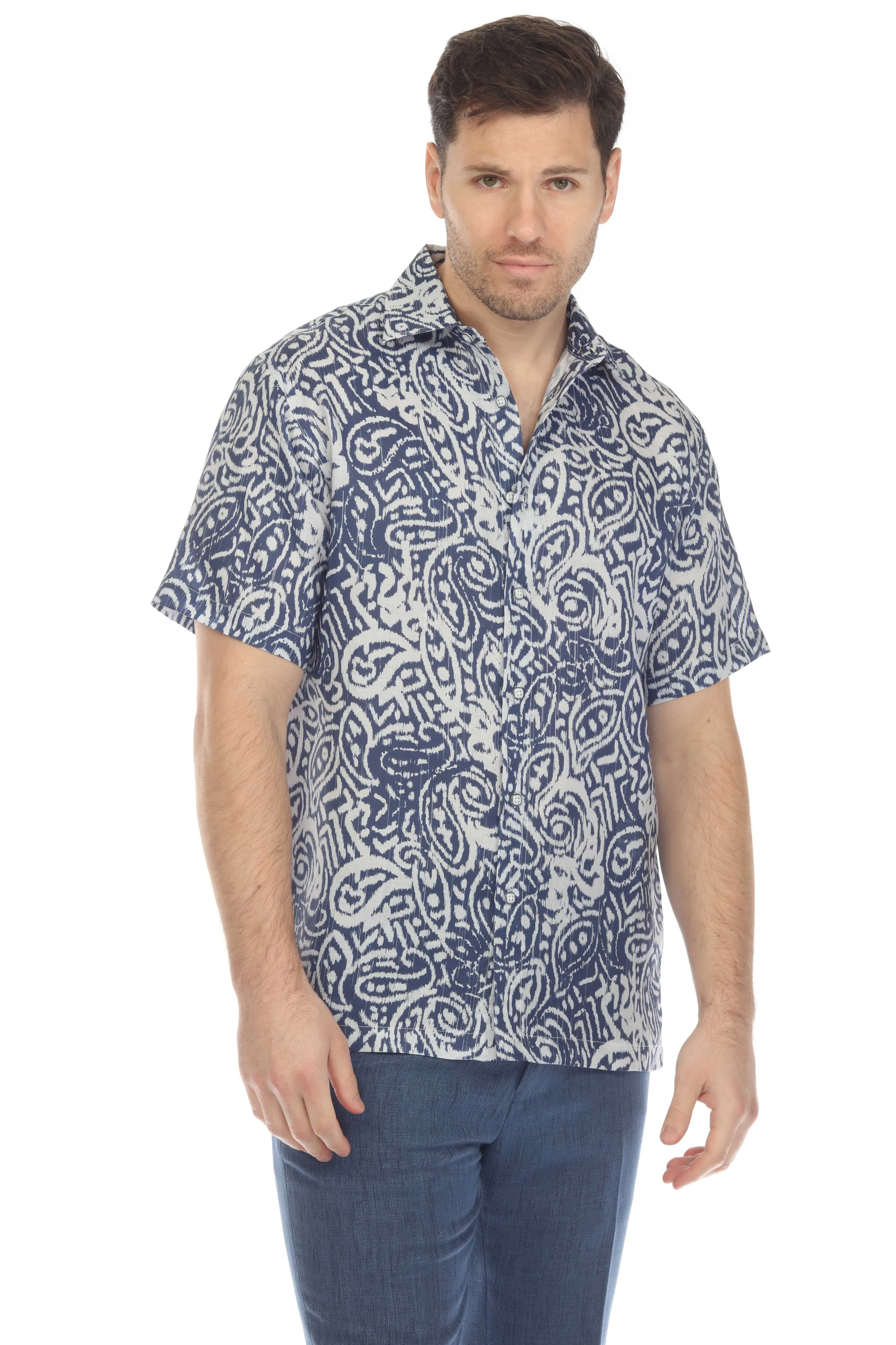 100% Linen Short Sleeve Navy Blue Abstract Print Shirt