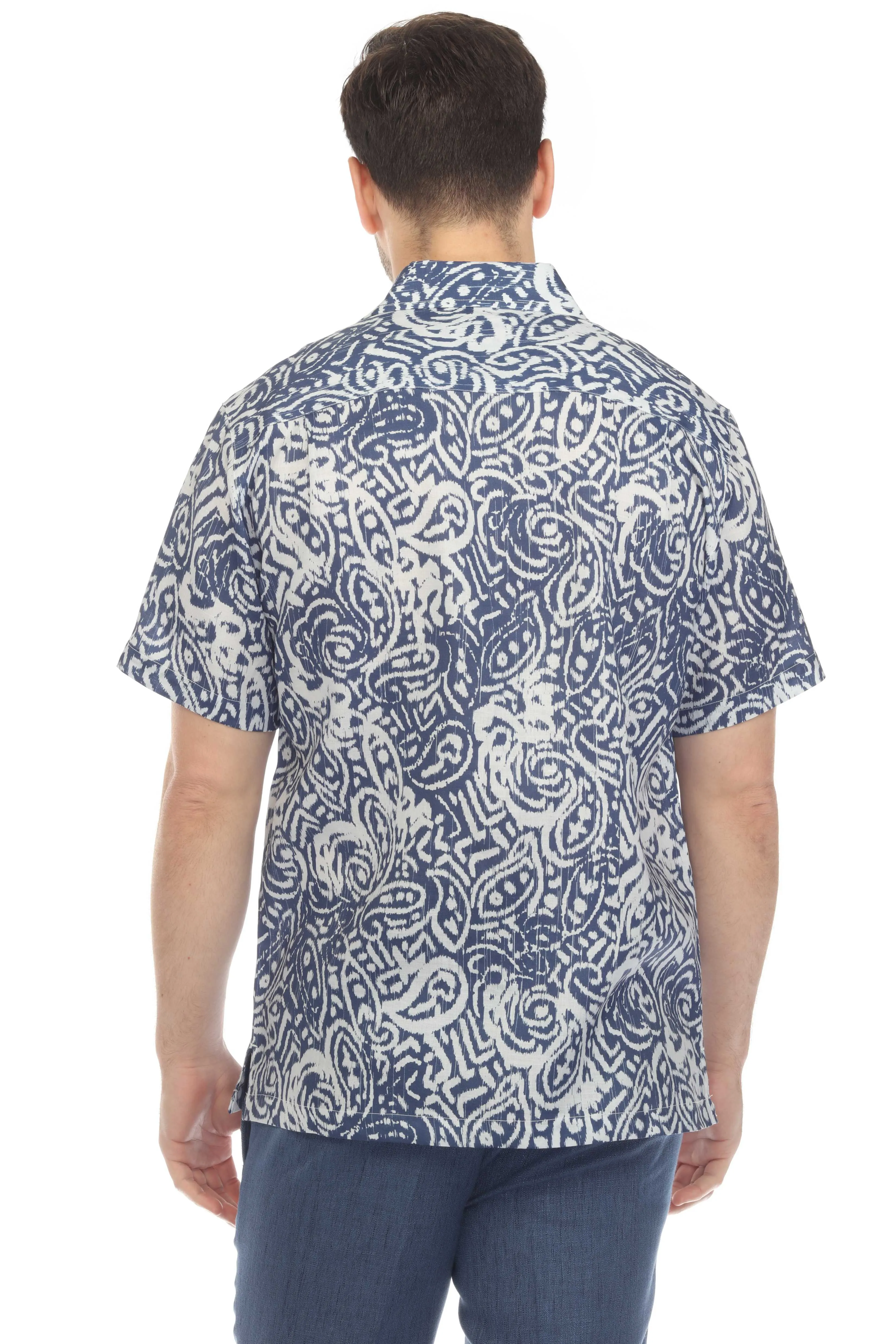 100% Linen Short Sleeve Navy Blue Abstract Print Shirt