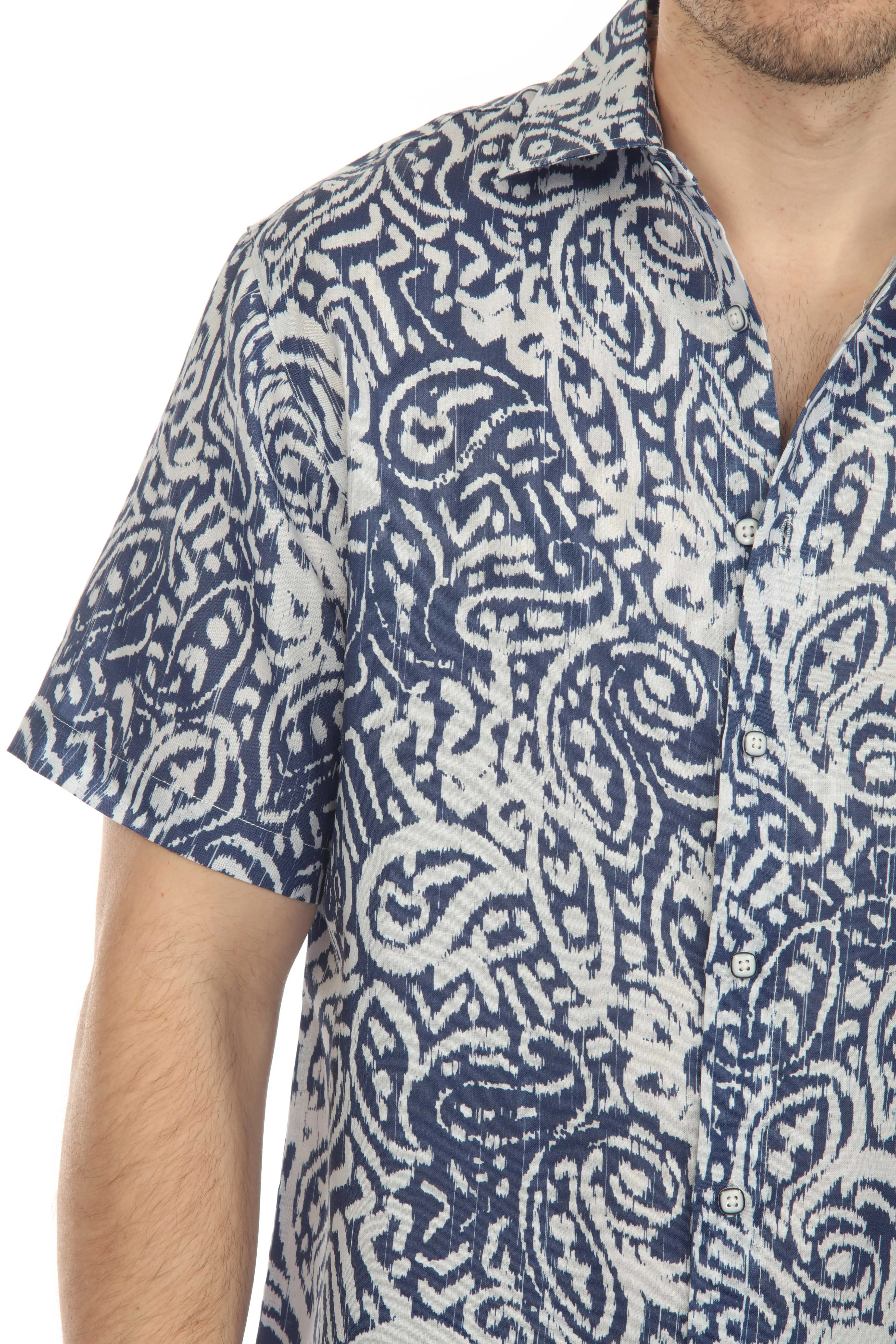 100% Linen Short Sleeve Navy Blue Abstract Print Shirt