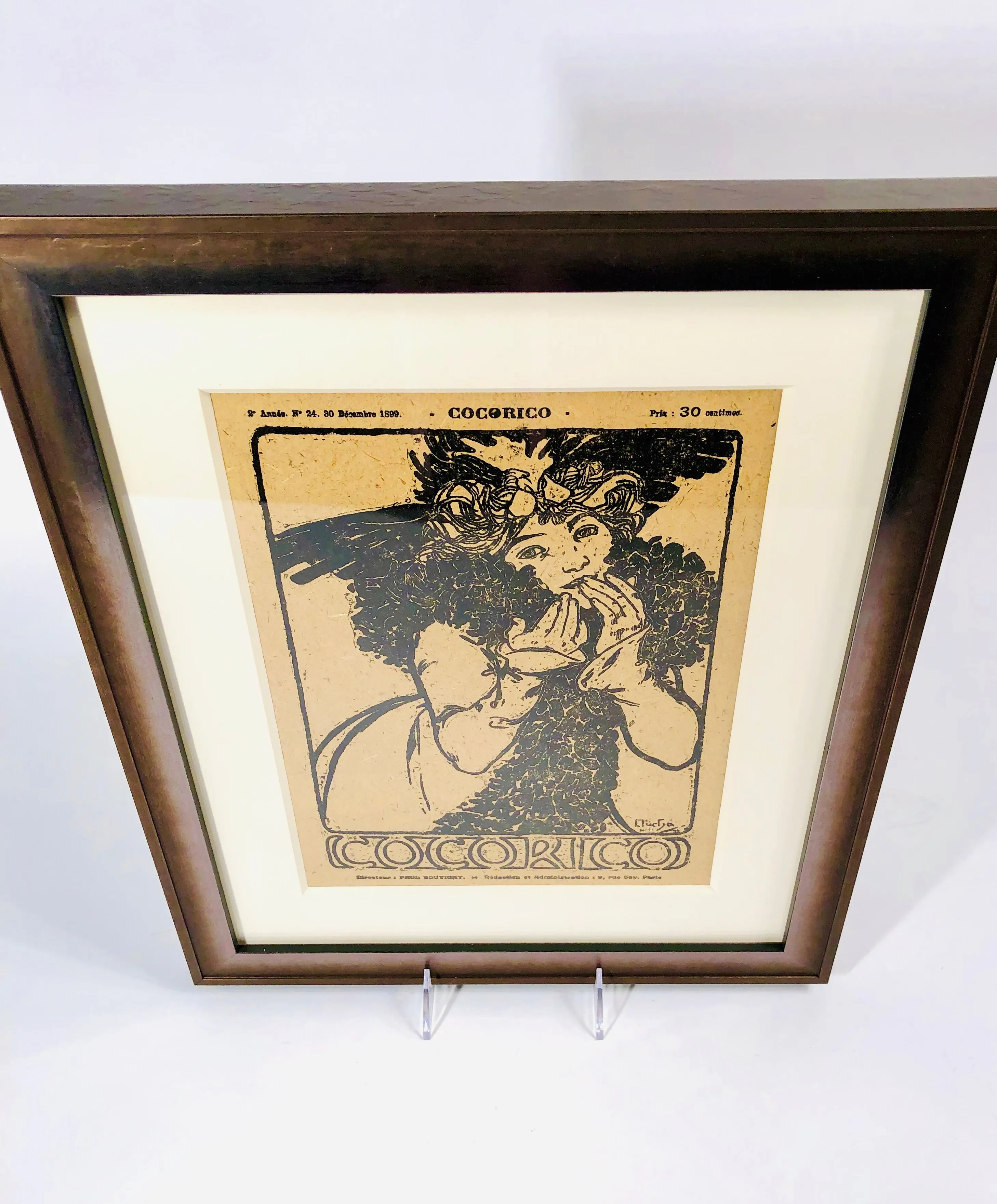 1899 COCORICO Framed Magazine Cover, Alphonse Mucha, Wood Block Print