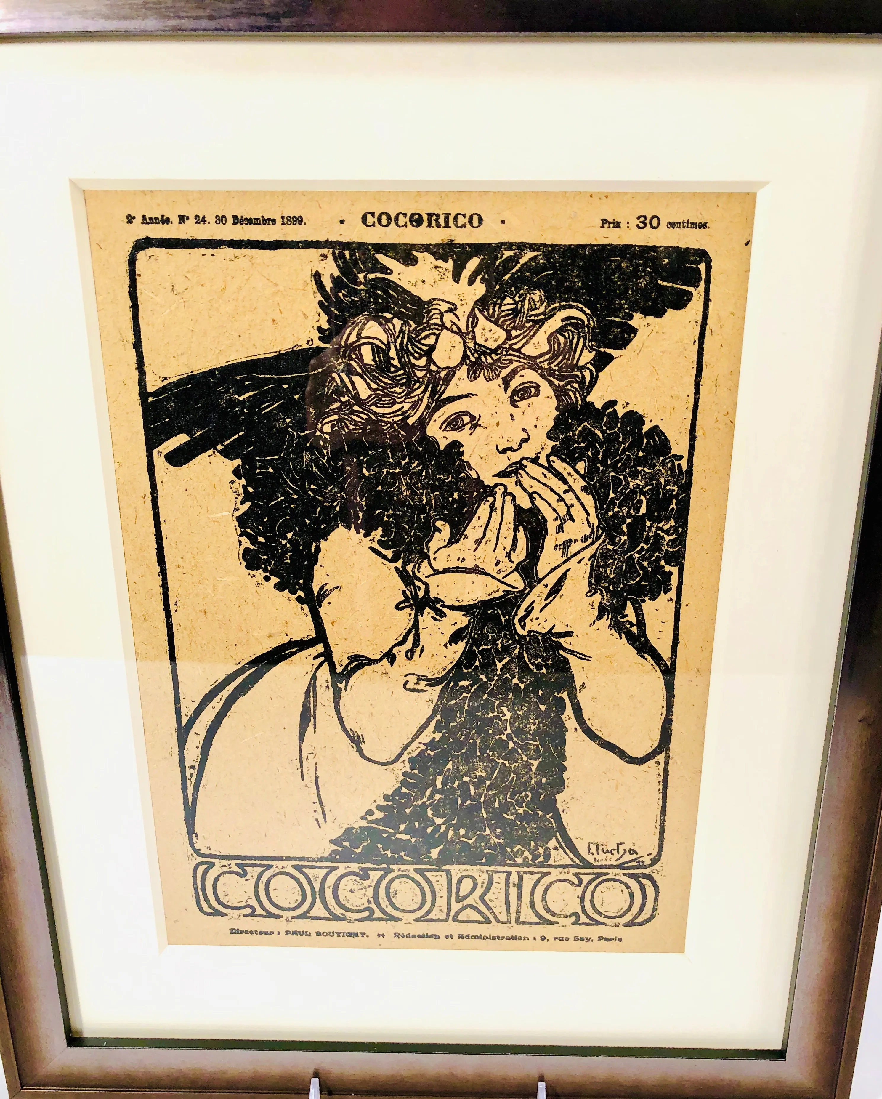 1899 COCORICO Framed Magazine Cover, Alphonse Mucha, Wood Block Print