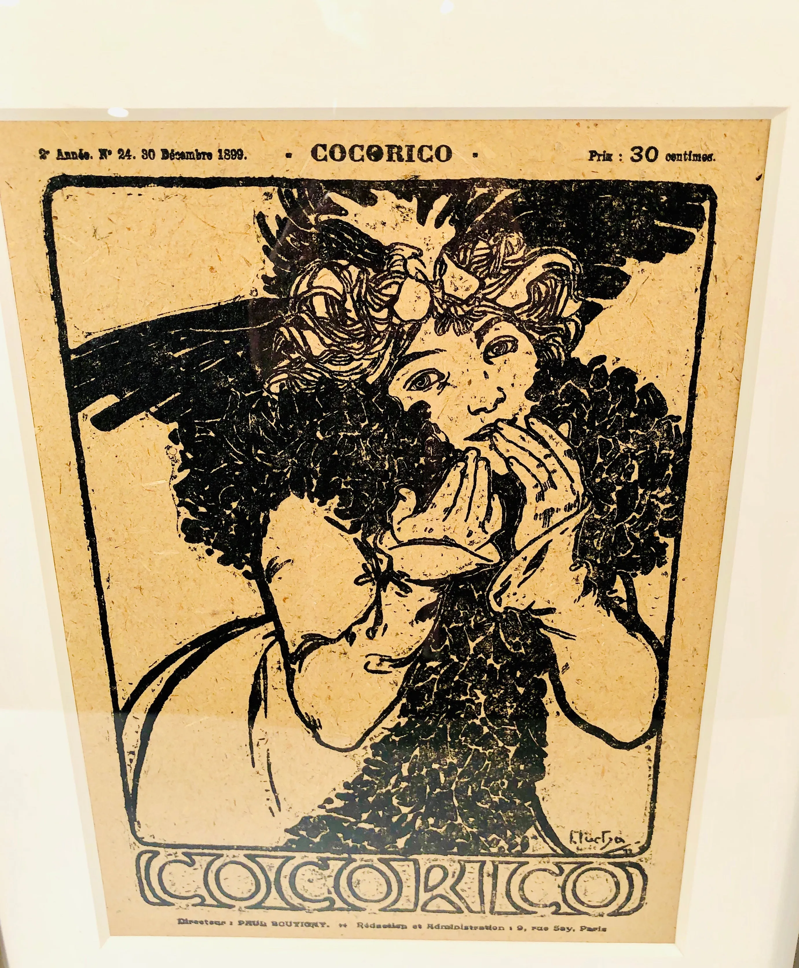 1899 COCORICO Framed Magazine Cover, Alphonse Mucha, Wood Block Print