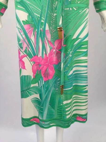 1960s Leonard Paris Botanical Print Silk Jersey Knit Dress