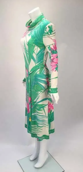 1960s Leonard Paris Botanical Print Silk Jersey Knit Dress