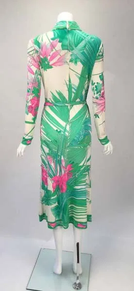 1960s Leonard Paris Botanical Print Silk Jersey Knit Dress