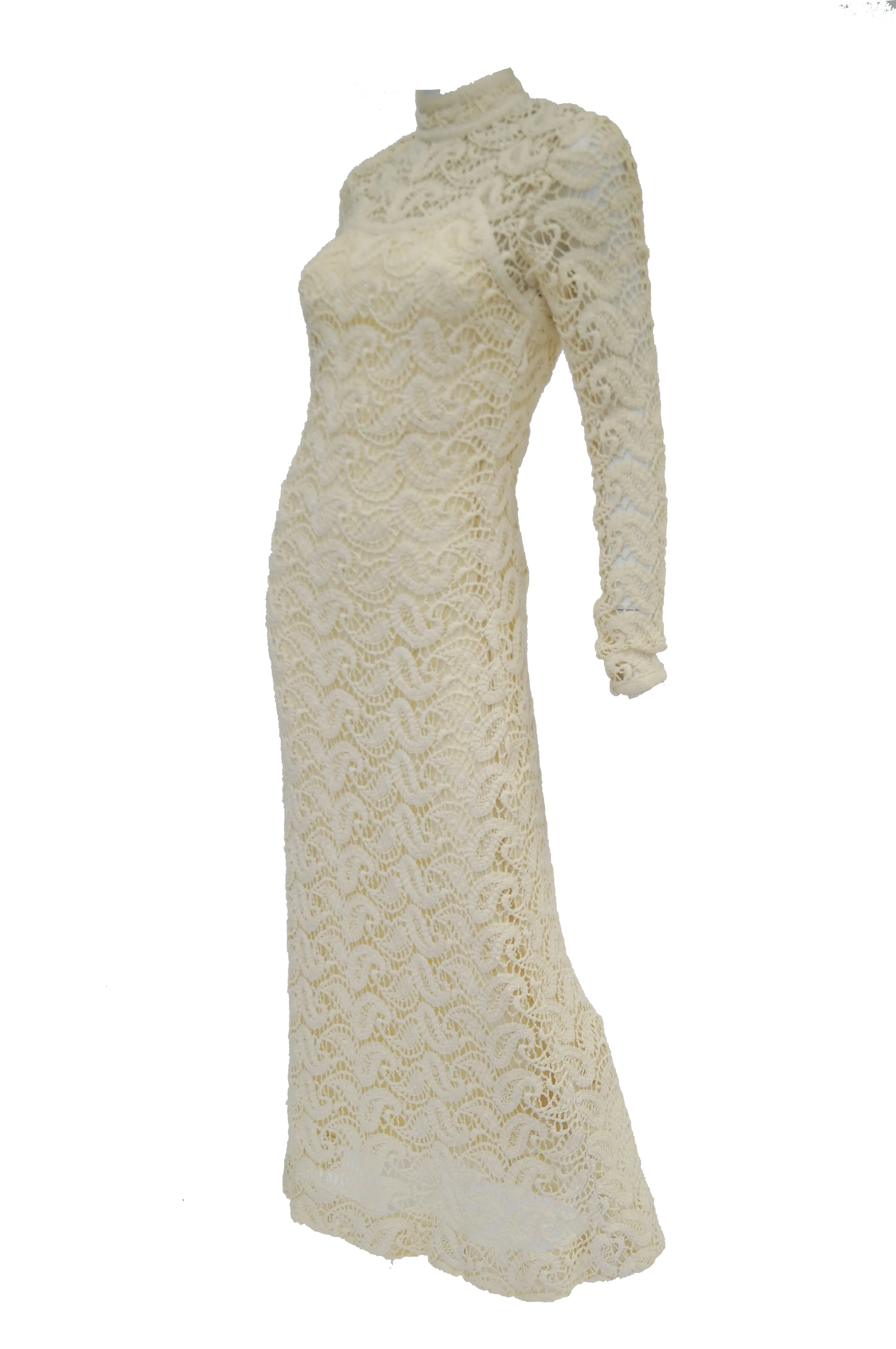 1970s Cream Crochet Paisley Lace Dress