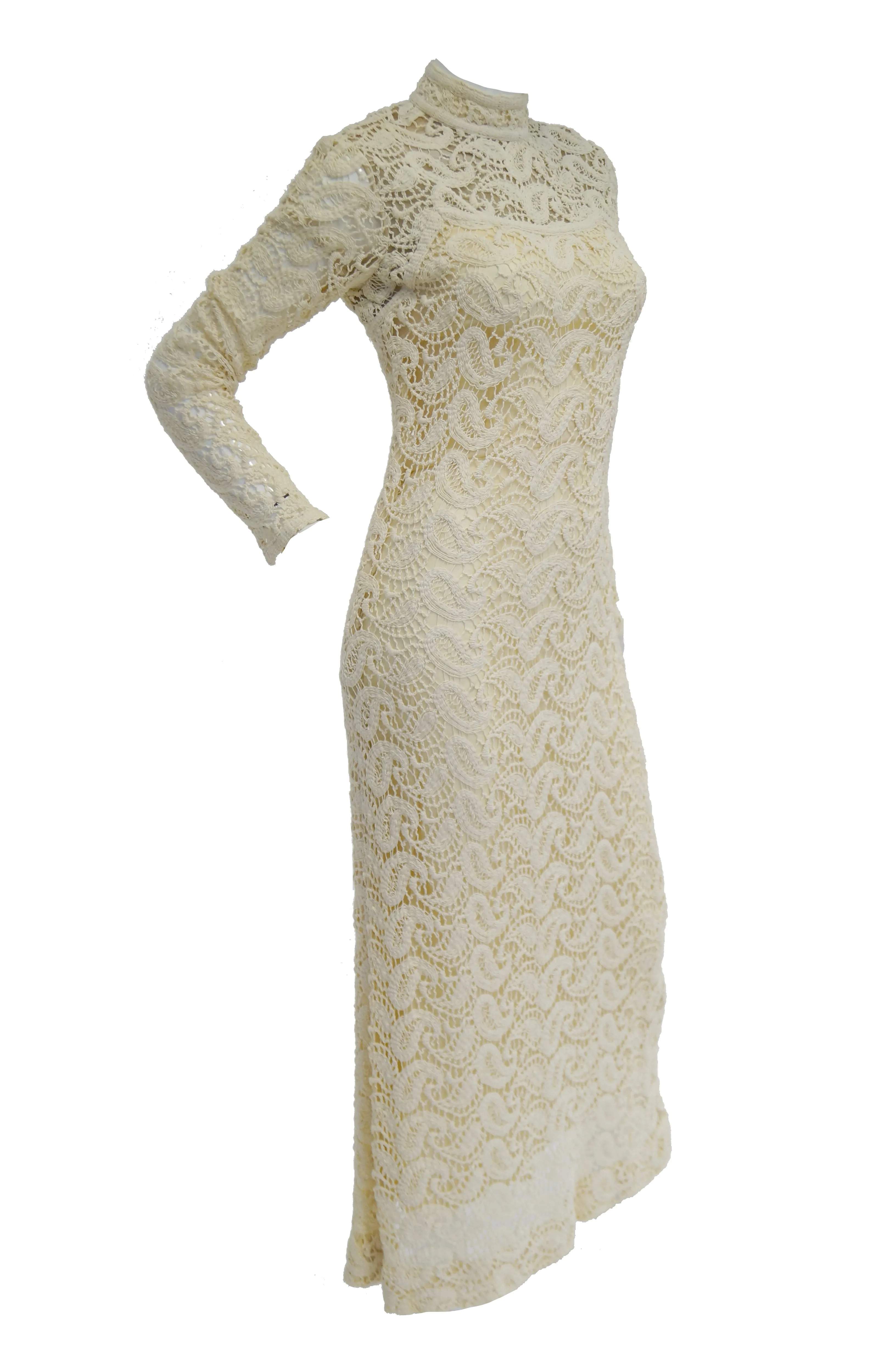 1970s Cream Crochet Paisley Lace Dress