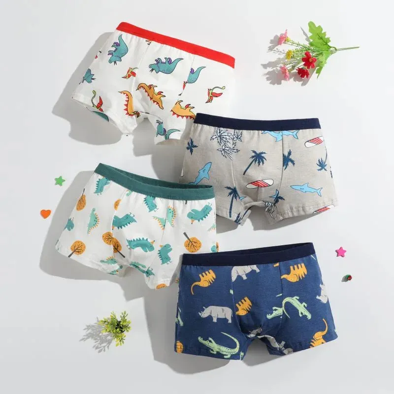 4Pcs/lot Boys Boxer Briefs Kids Cotton Underwear Baby Boy Underpants Teenager Cartoon Print Soft Children Panties 2-12 Years