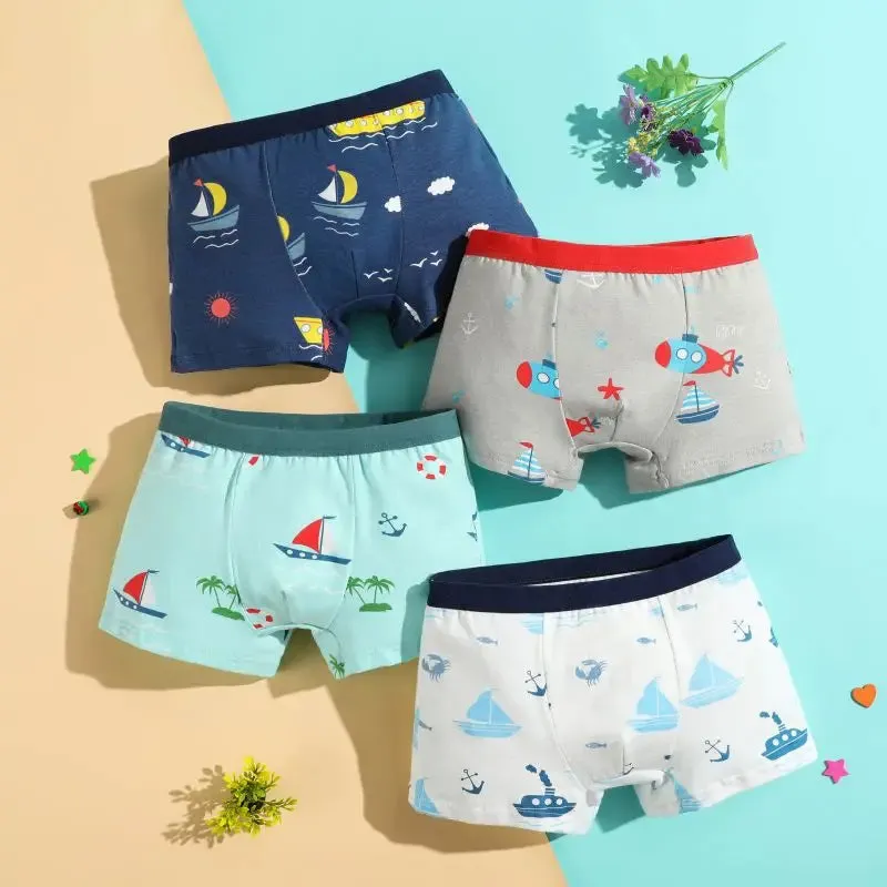 4Pcs/lot Boys Boxer Briefs Kids Cotton Underwear Baby Boy Underpants Teenager Cartoon Print Soft Children Panties 2-12 Years