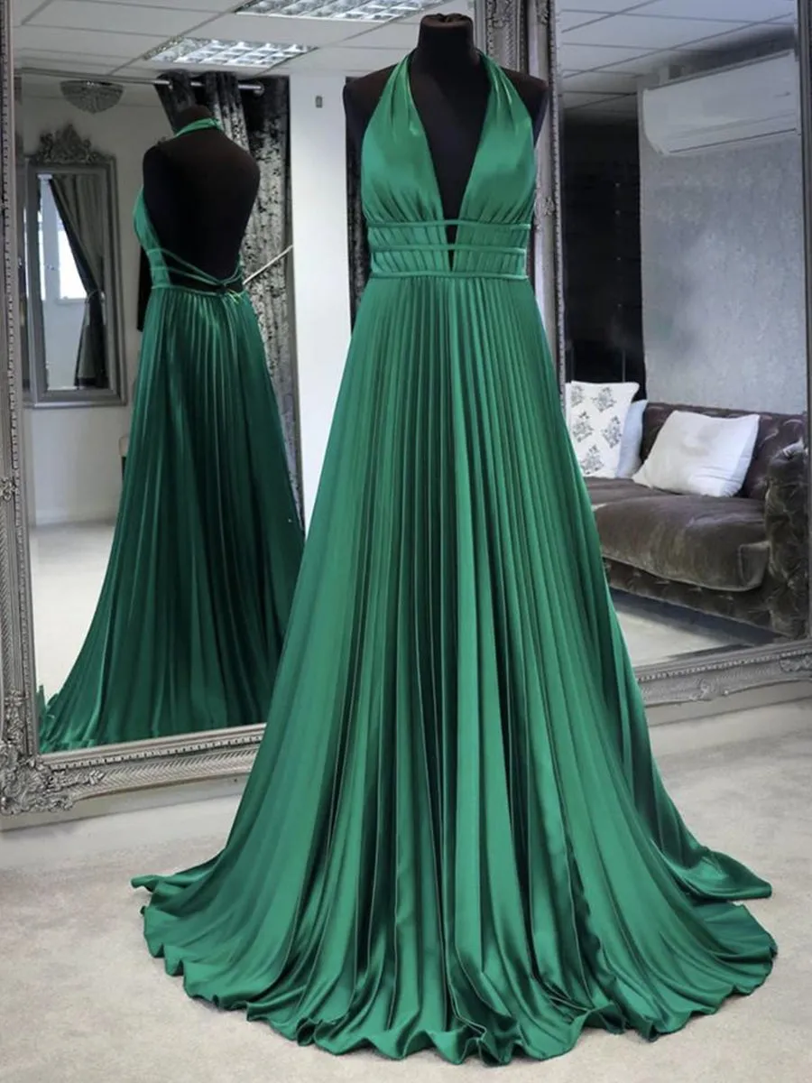 A Line Halter Neck Backless Green Long Prom, Backless Green Formal, Green Evening