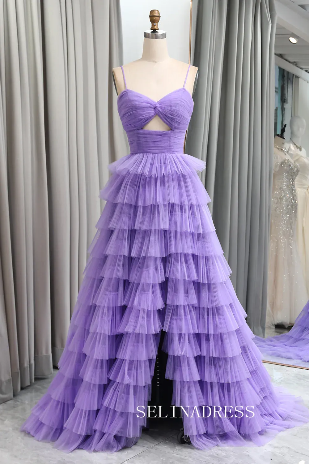 A-line Spaghetti Straps Lilac Ruched Tiered Prom Gown With Slit lpk936