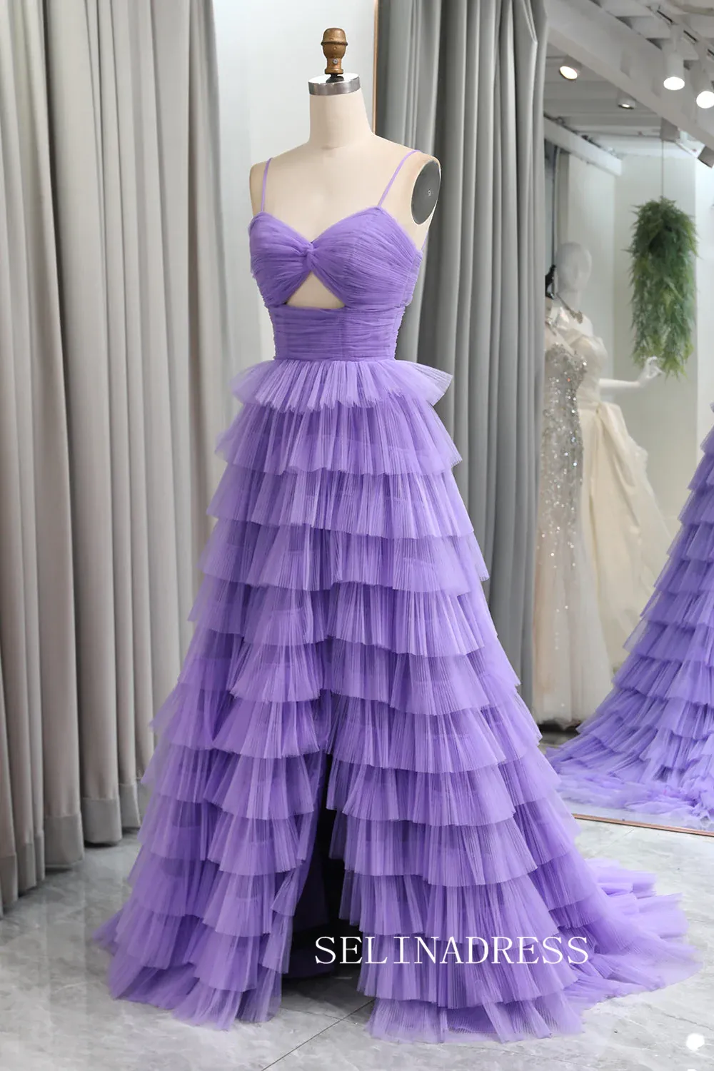 A-line Spaghetti Straps Lilac Ruched Tiered Prom Gown With Slit lpk936