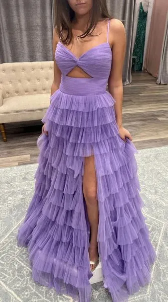 A-line Spaghetti Straps Lilac Ruched Tiered Prom Gown With Slit lpk936