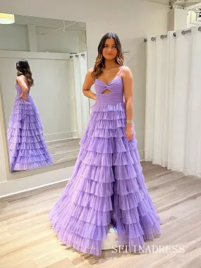 A-line Spaghetti Straps Lilac Ruched Tiered Prom Gown With Slit lpk936