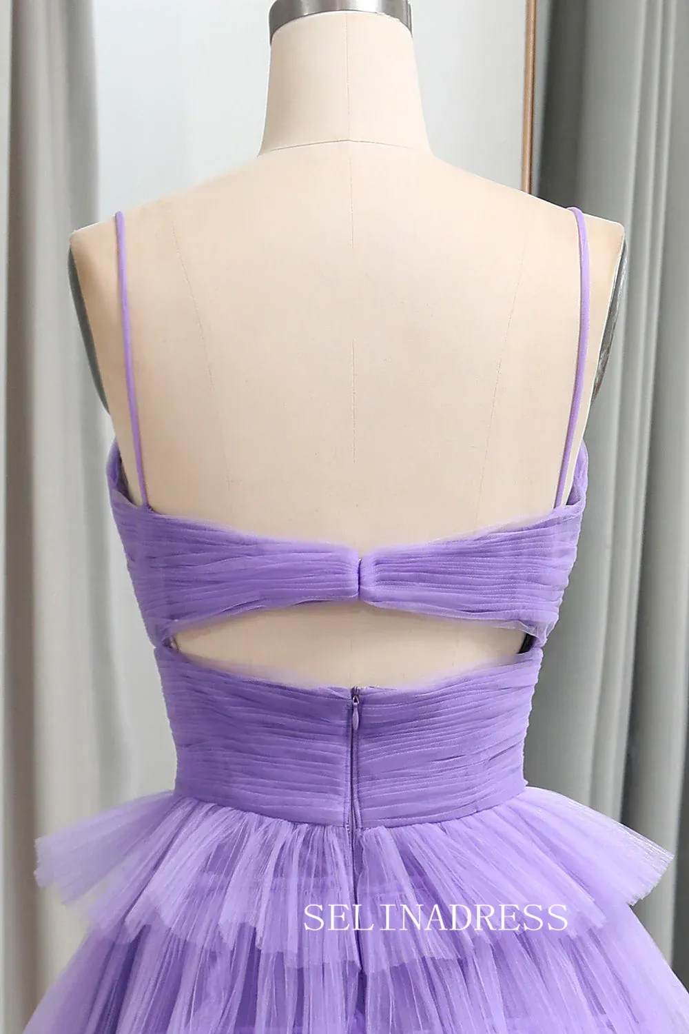 A-line Spaghetti Straps Lilac Ruched Tiered Prom Gown With Slit lpk936