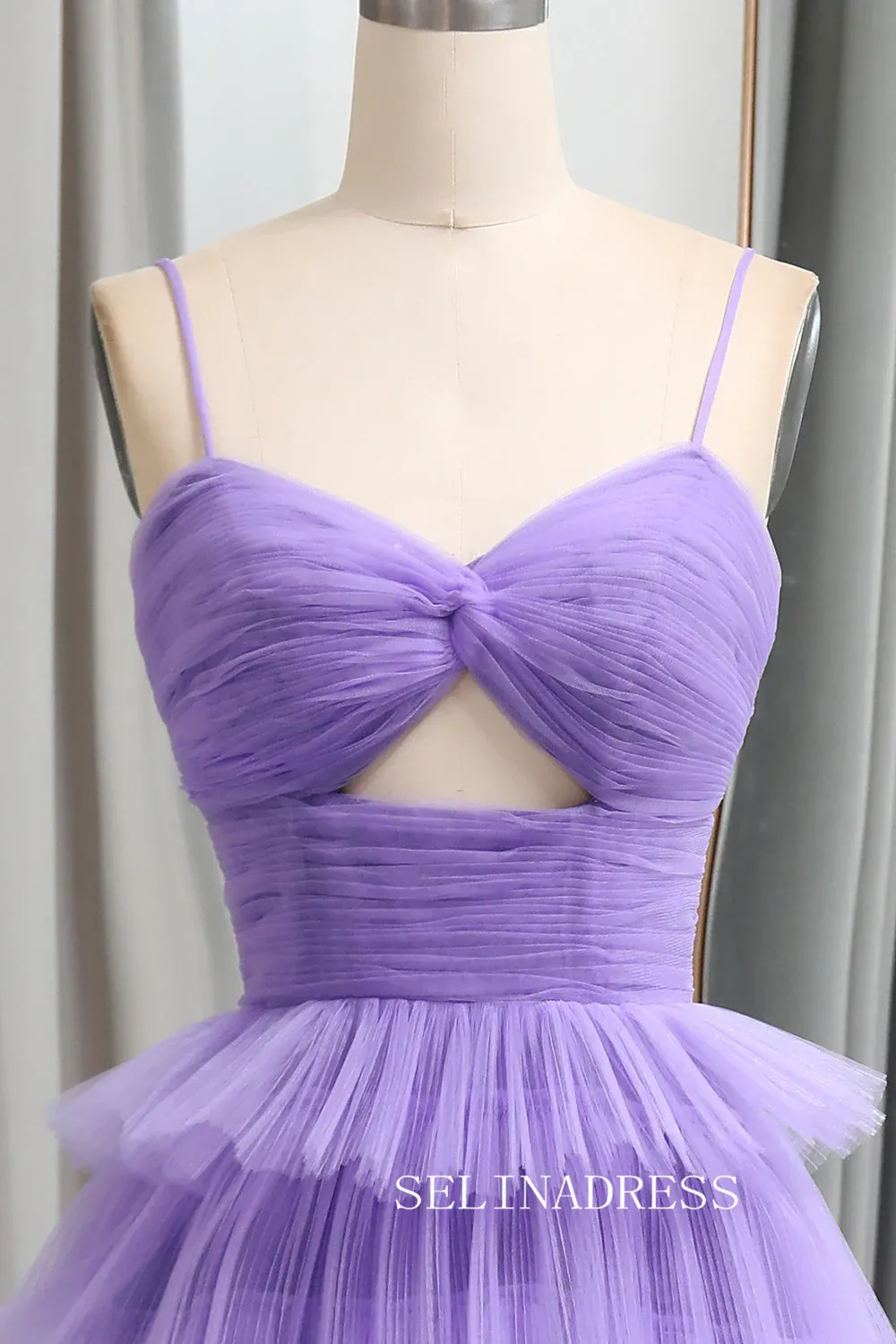 A-line Spaghetti Straps Lilac Ruched Tiered Prom Gown With Slit lpk936