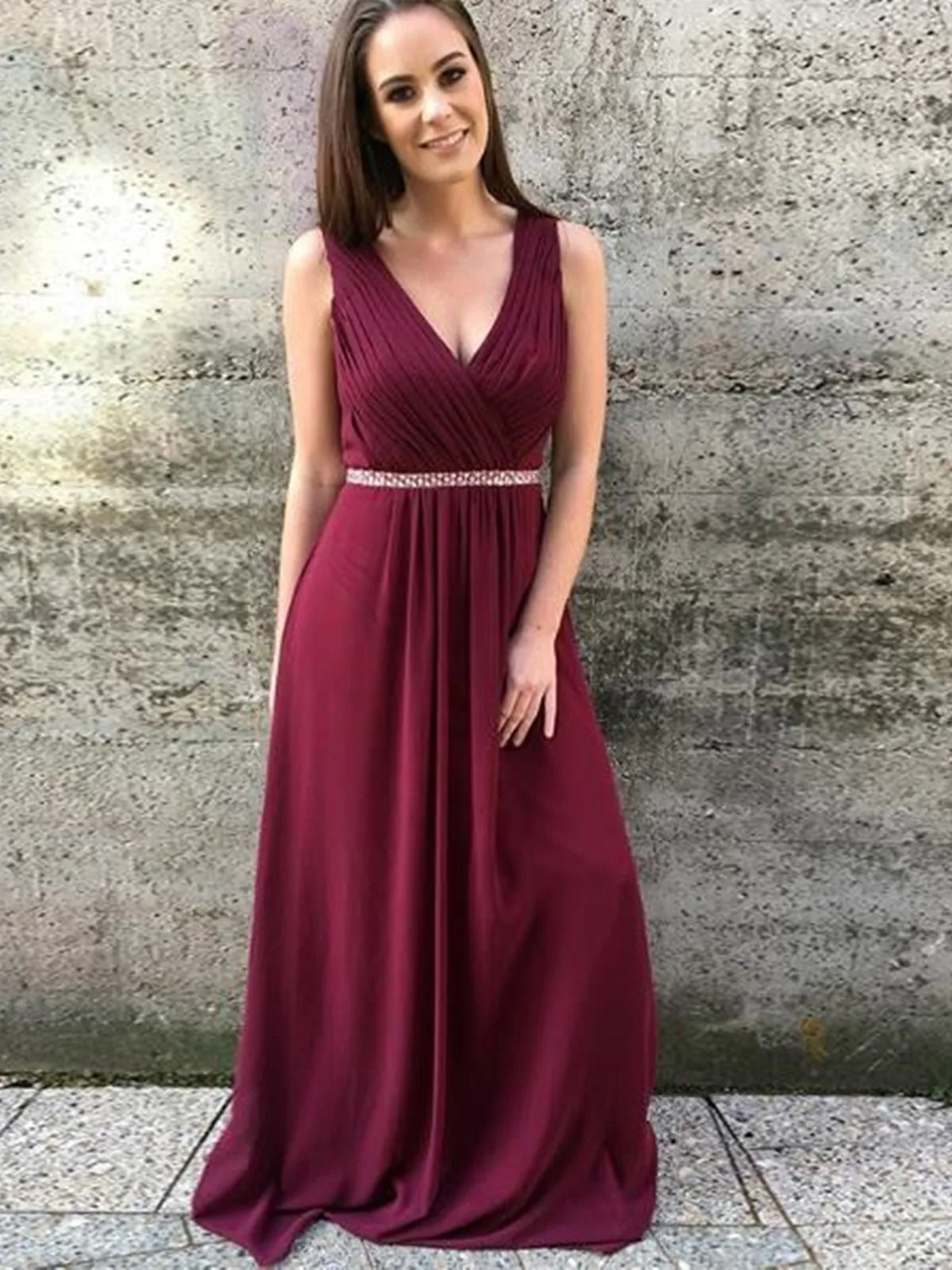 A Line V Neck Burgundy Long Prom Dresses, V Neck Burgundy Formal Graduation Evening Dresses