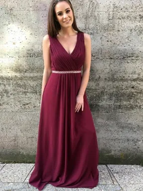 A Line V Neck Burgundy Long Prom Dresses, V Neck Burgundy Formal Graduation Evening Dresses