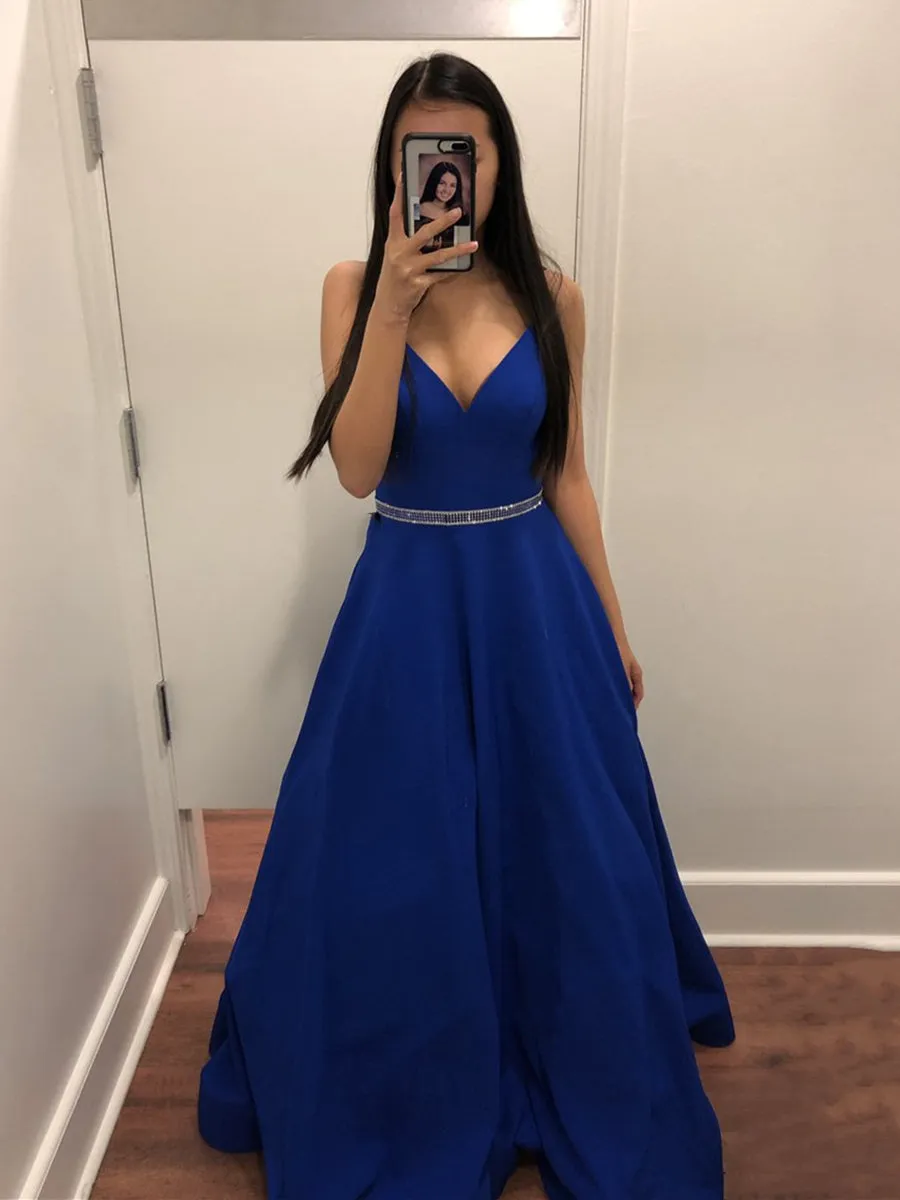 A Line V Neck Royal Blue Long Prom with Belt, Royal Blue Formal, Evening