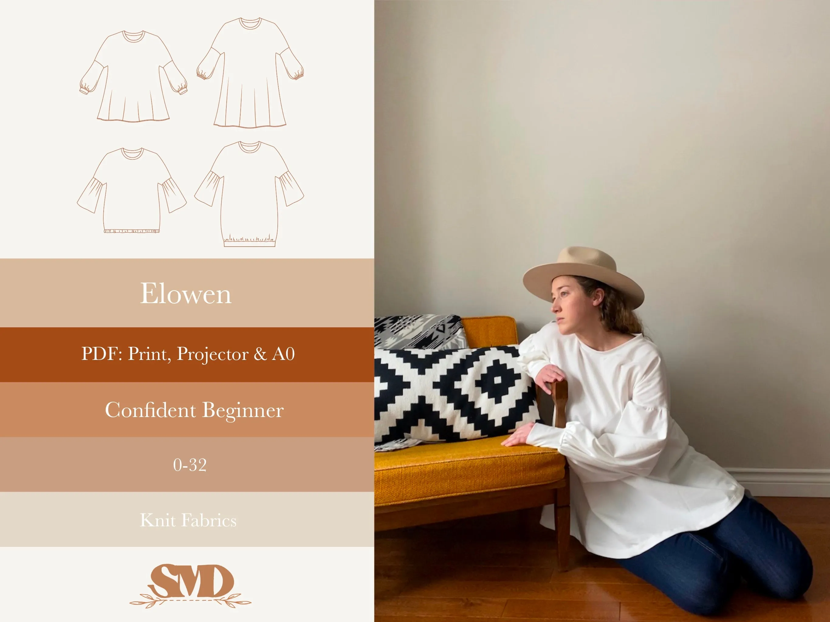 Adult Elowen Dress, Tunic and Top Digital Sewing Pattern Sizes 0-32