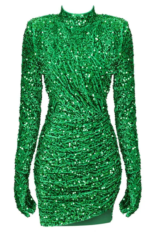 Amozae-hoco dresses -Sparkly High Neck Glove Sleeve Ruched Velvet Sequin Party Mini Dress - Emerald Green