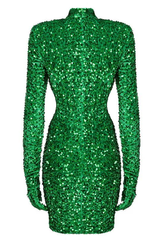 Amozae-hoco dresses -Sparkly High Neck Glove Sleeve Ruched Velvet Sequin Party Mini Dress - Emerald Green