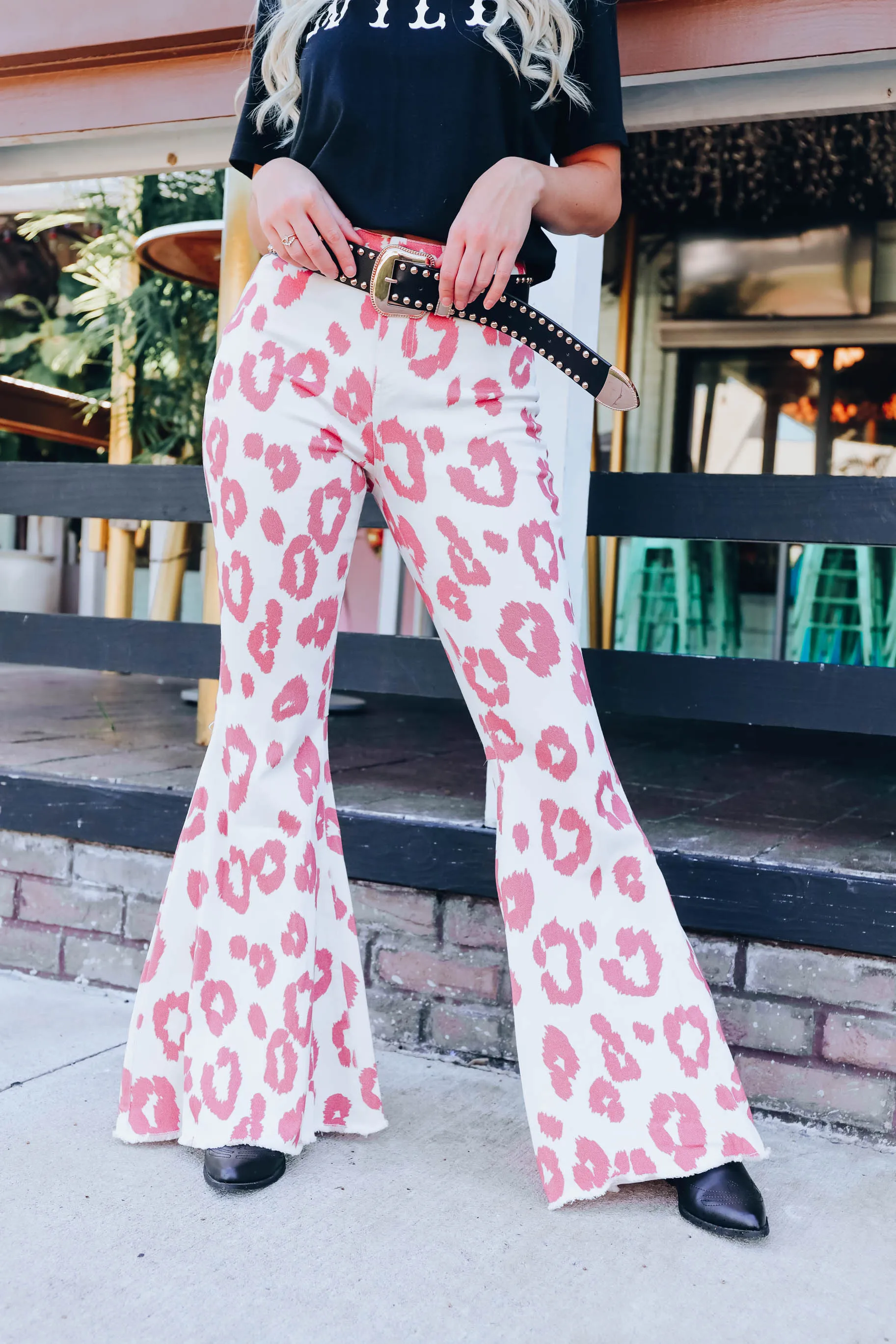 Animal Print Flare Pants - Rose