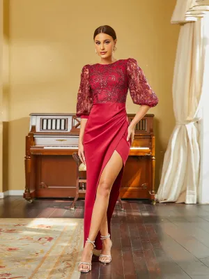 Asymmetric Panel High Split Knit Wine Prom Dress RM20539