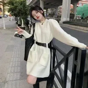 Autumn Winter Knitted Sweater Dress Women Vintage Knit Long Sleeve Mini Short Dresses with Belt