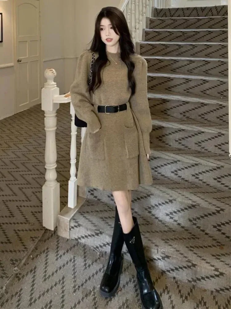 Autumn Winter Knitted Sweater Dress Women Vintage Knit Long Sleeve Mini Short Dresses with Belt