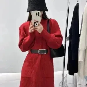 Autumn Winter Knitted Sweater Dress Women Vintage Knit Long Sleeve Mini Short Dresses with Belt