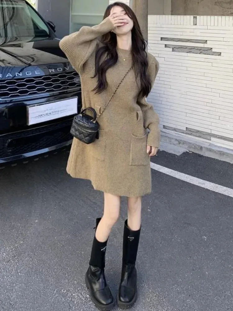 Autumn Winter Knitted Sweater Dress Women Vintage Knit Long Sleeve Mini Short Dresses with Belt