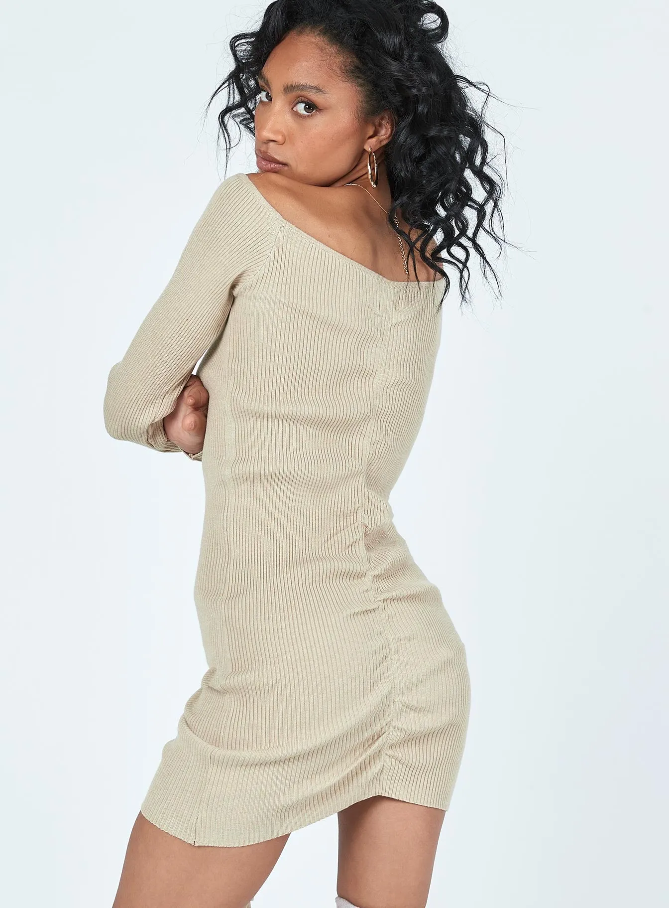 Avanti Long Sleeve Mini Dress Beige