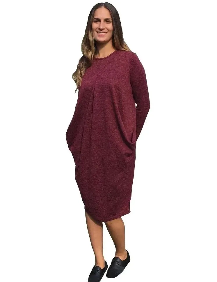 Baby'O Women's Brushed Sweater Knit Pleated Front Slouch Pocket Midi Dress