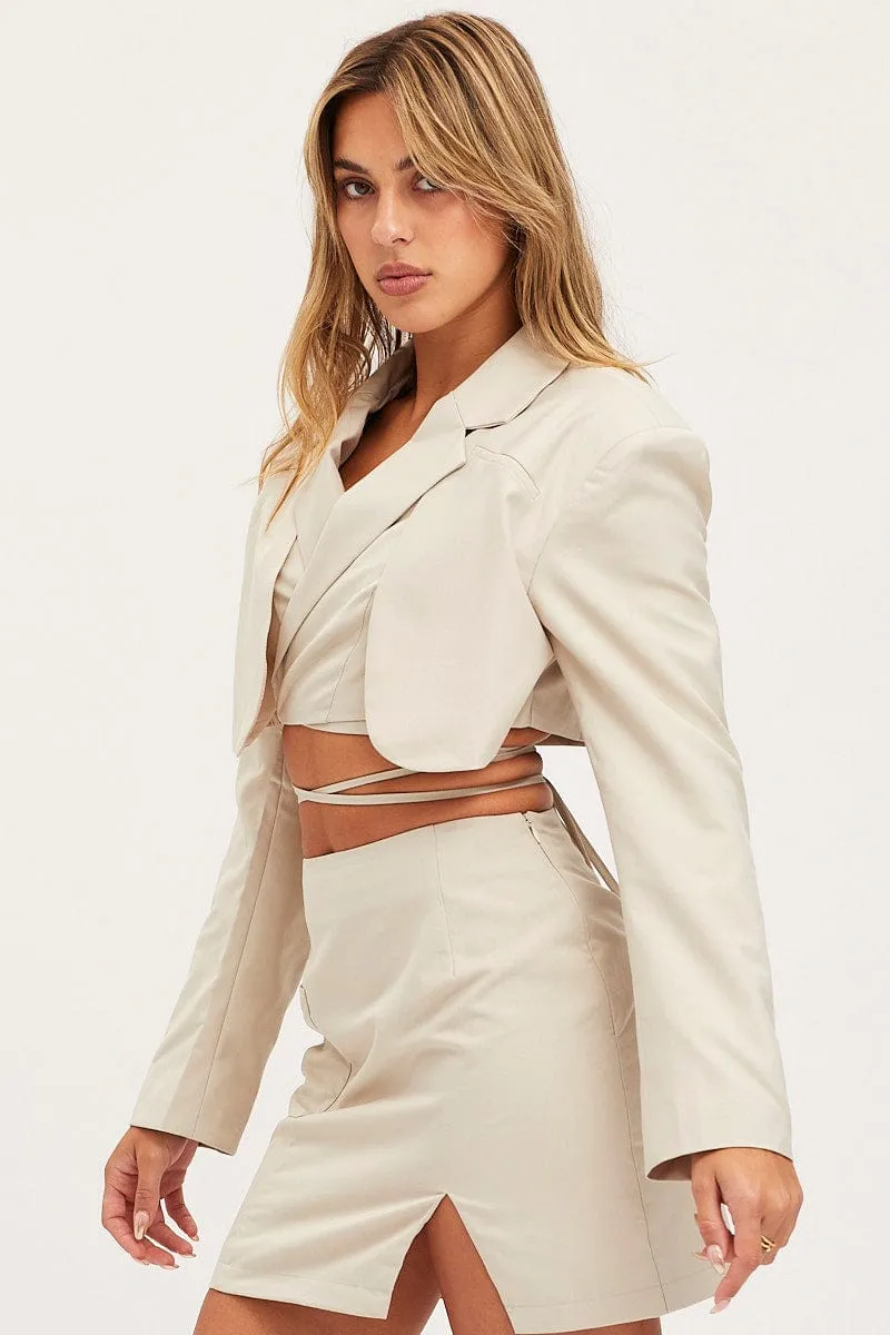 Beige Crop Jacket Long Sleeve