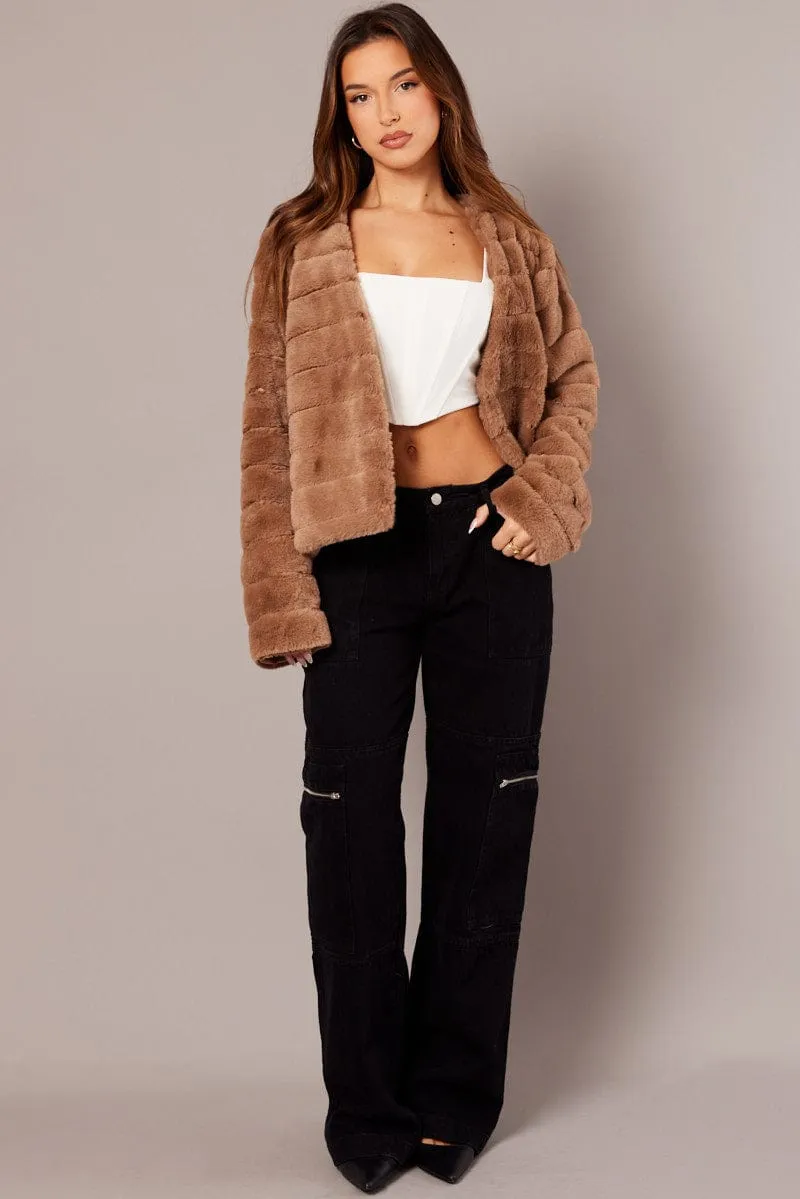 Beige Faux Fur Crop Jacket