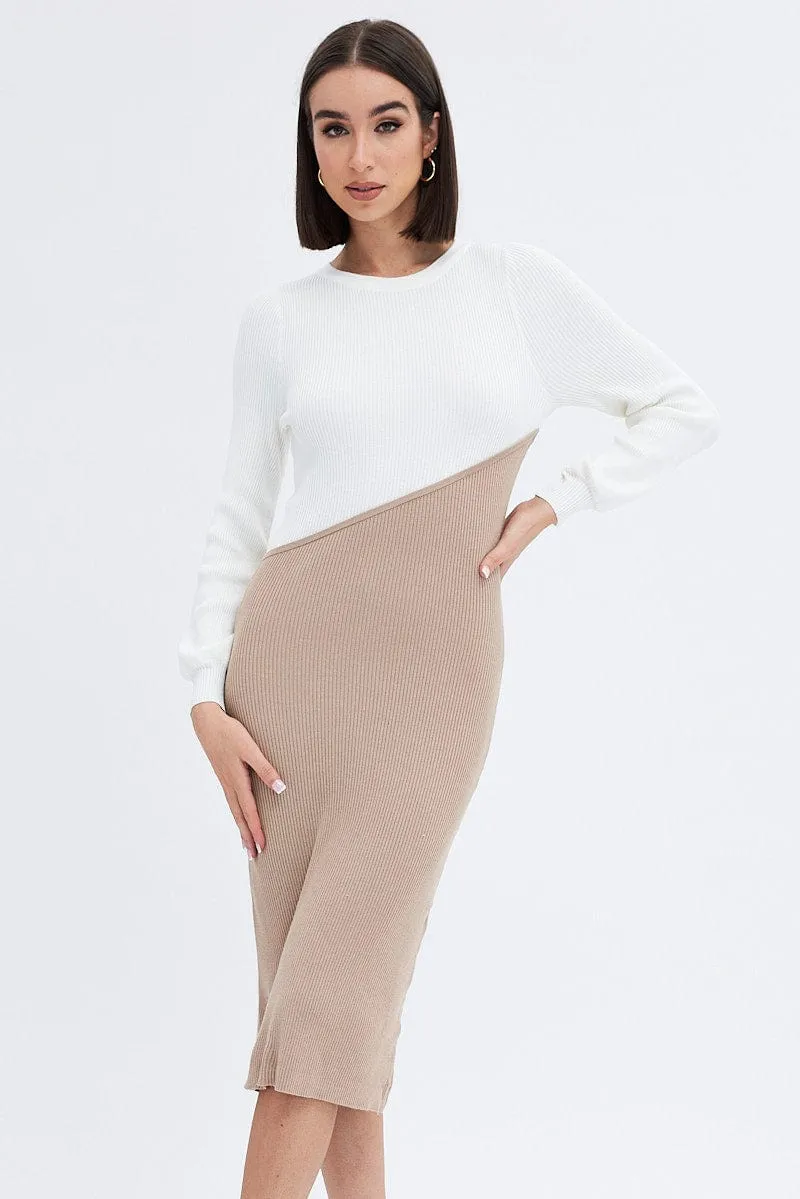 Beige Knit Dress Colour Block Midi