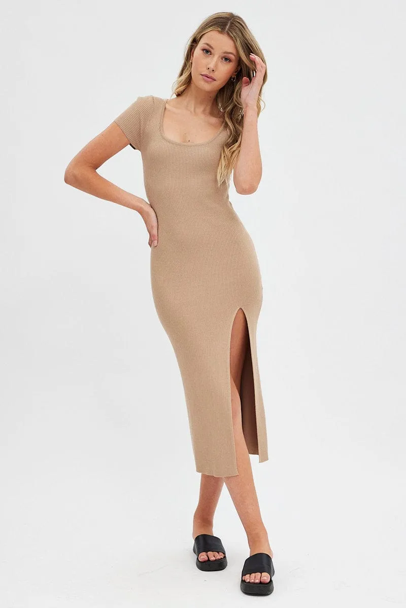 Beige Knit Dress Short Sleeve Bodycon Midi