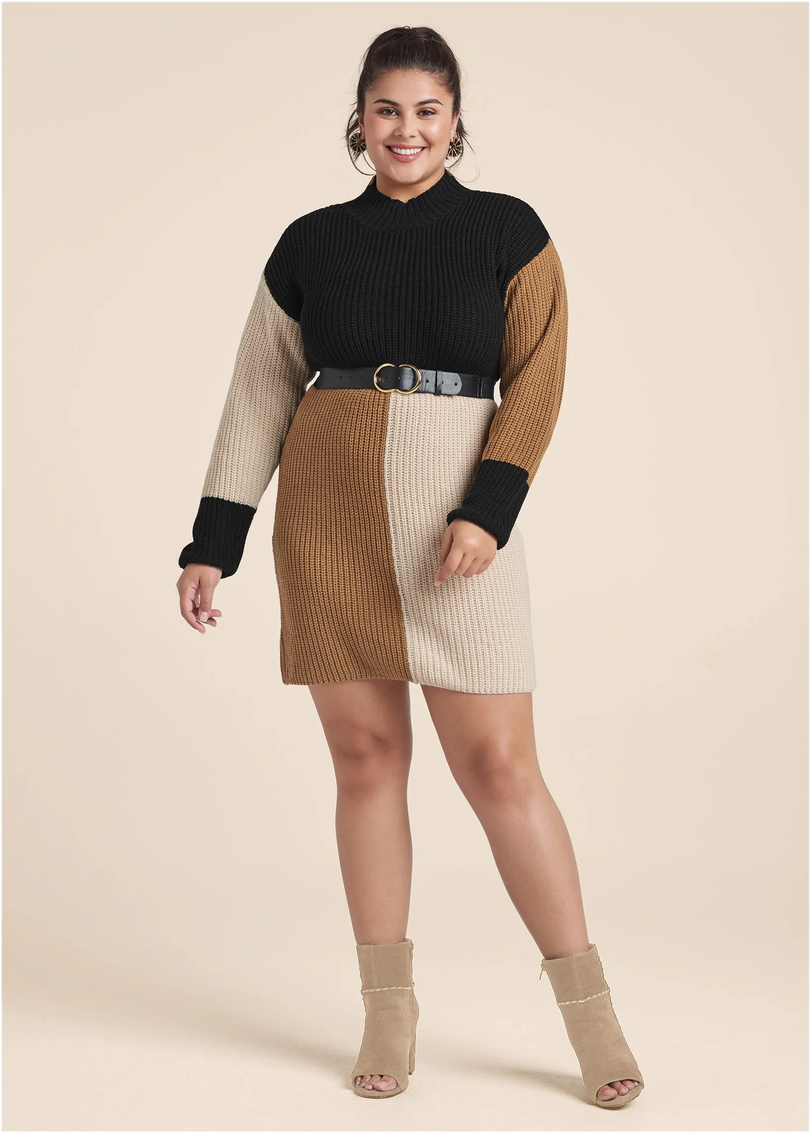 Belted Color Block Sweater Dress - Black Multi