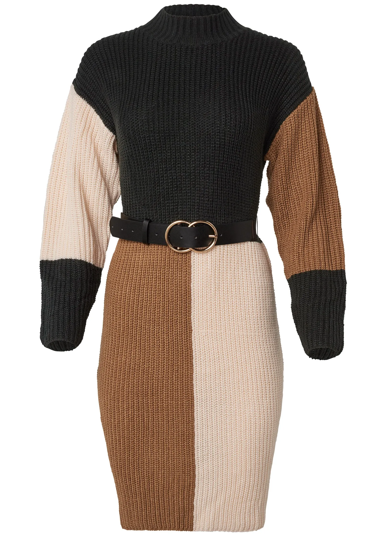 Belted Color Block Sweater Dress - Black Multi