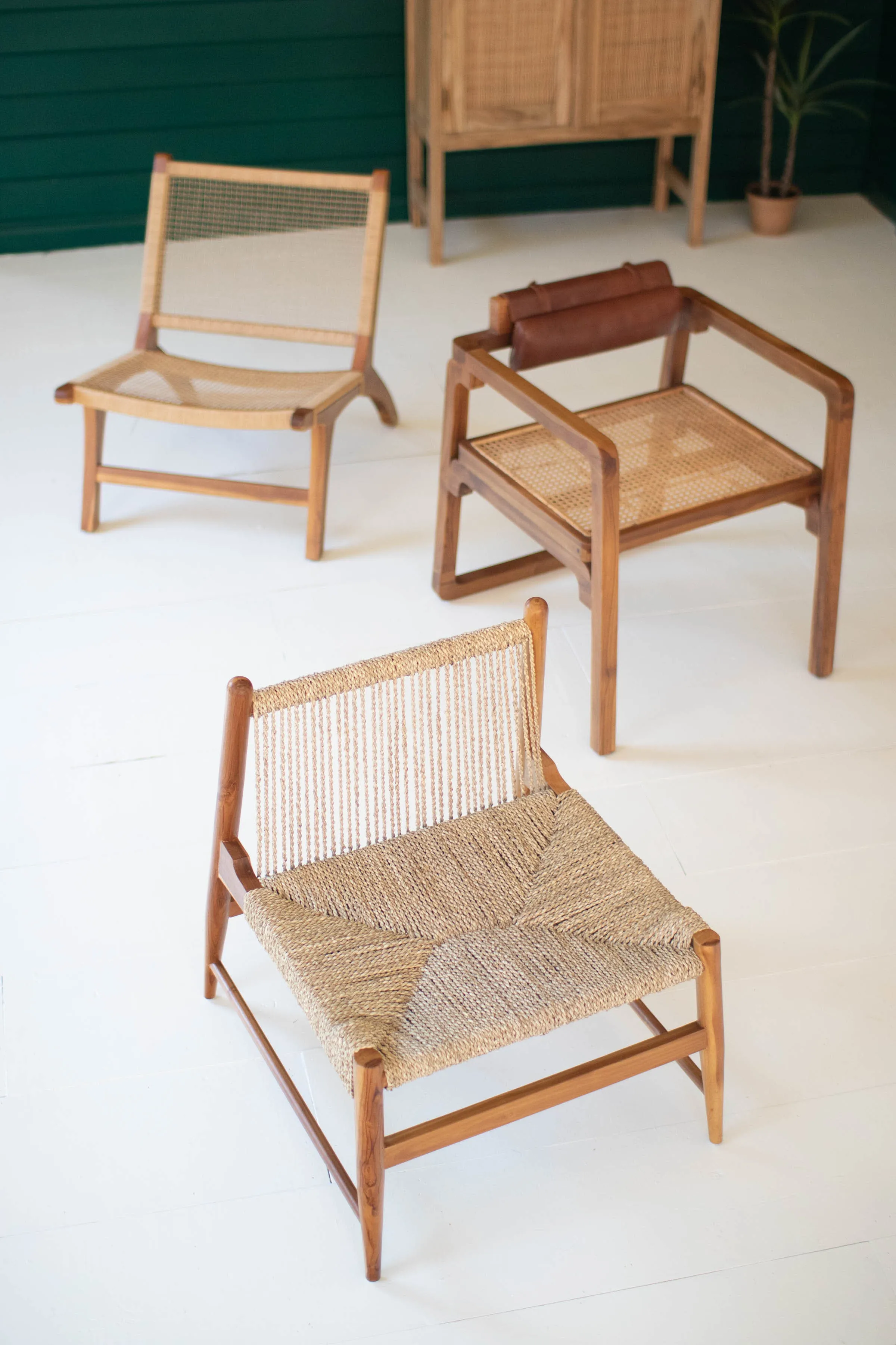 Bent Teak Arm Chair With Woven Seat And Leather Pad Back