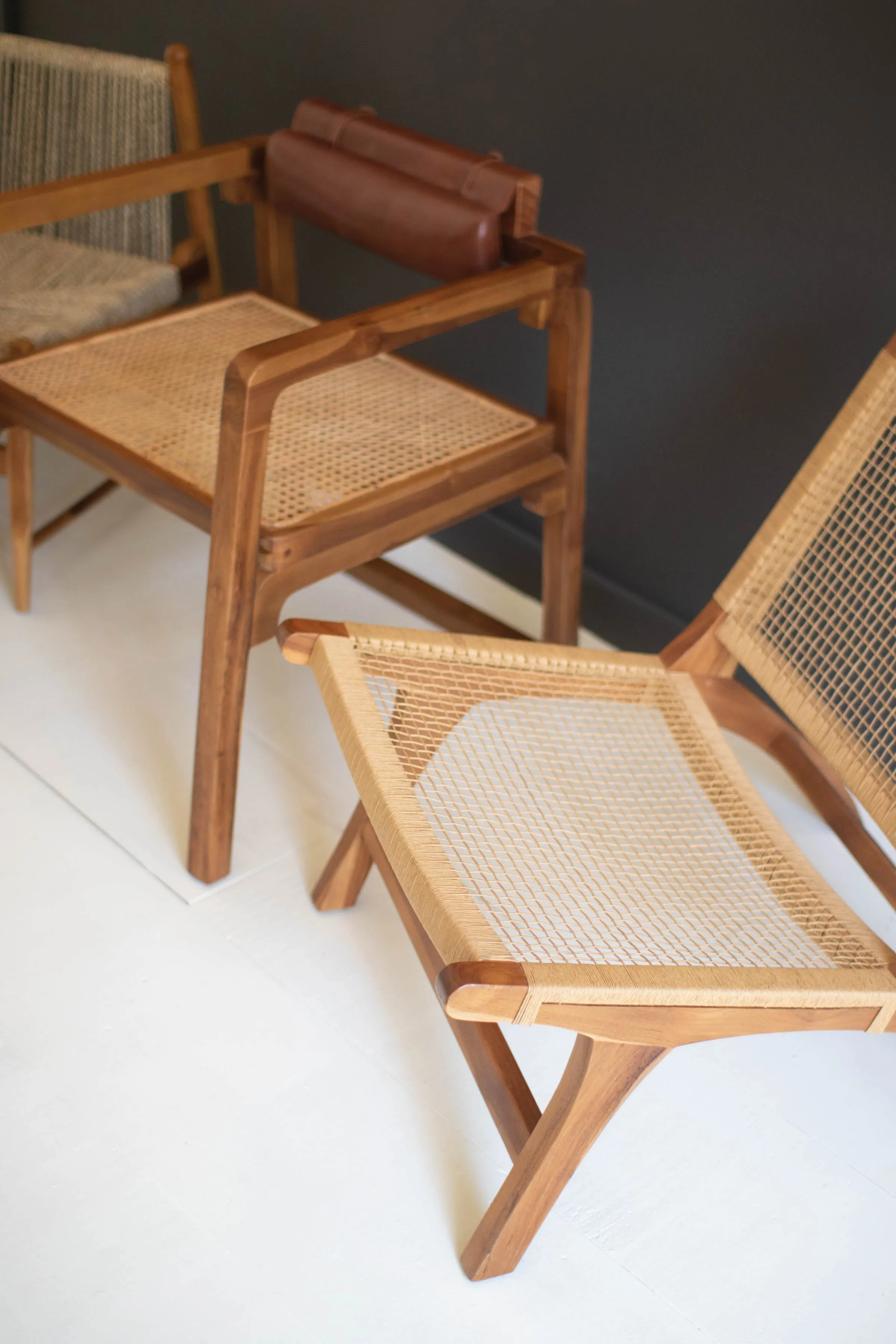 Bent Teak Arm Chair With Woven Seat And Leather Pad Back