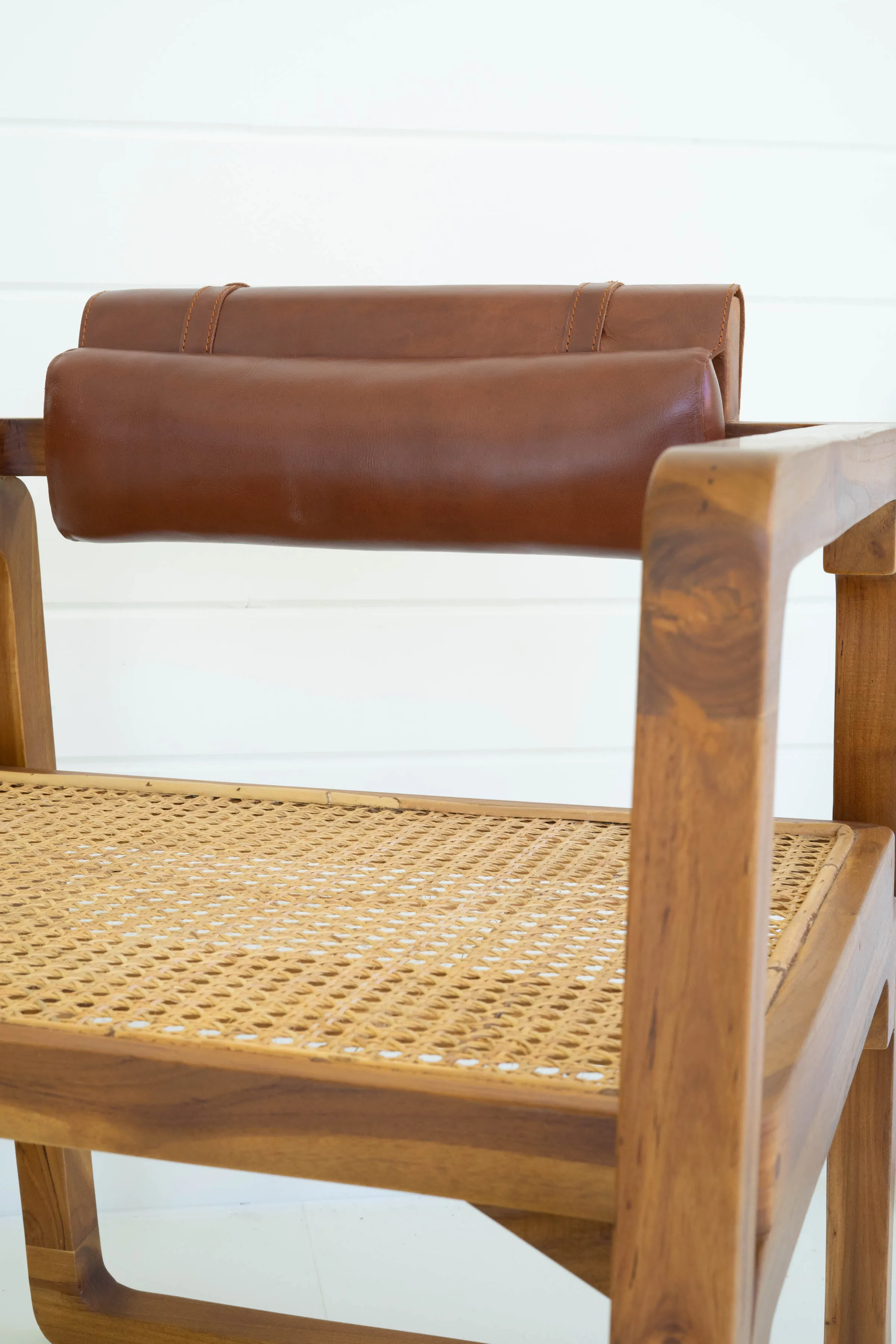 Bent Teak Arm Chair With Woven Seat And Leather Pad Back