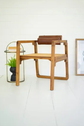 Bent Teak Arm Chair With Woven Seat And Leather Pad Back