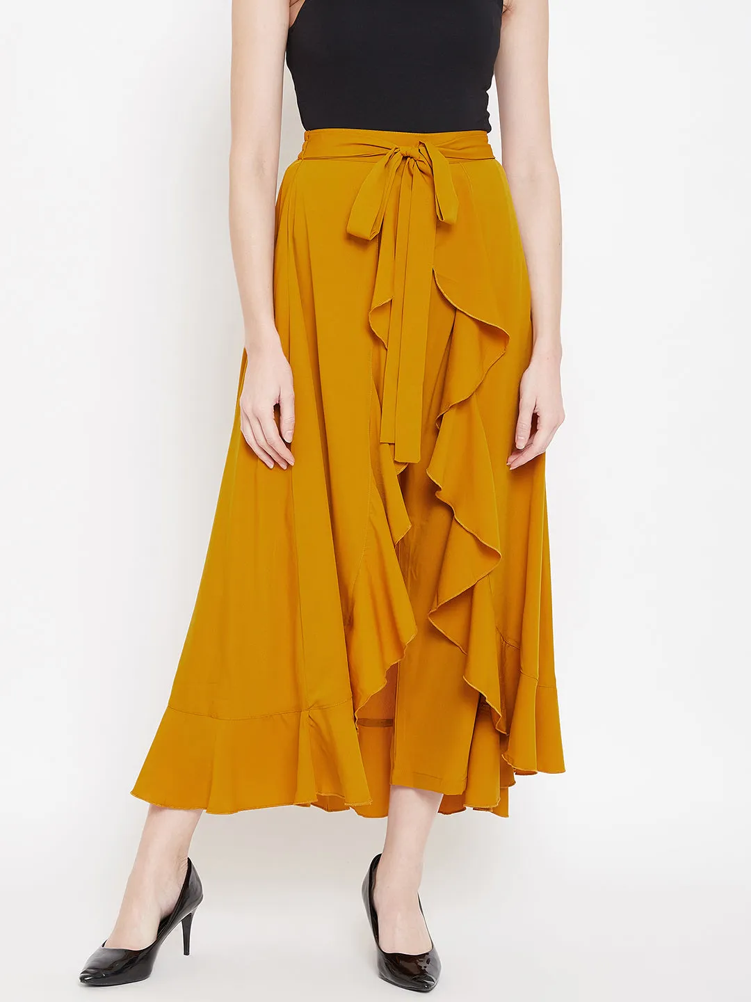 Berrylush Women Solid Mustard Yellow Waist Tie-Up High-Low Flared Maxi Skirt with Attached Trousers