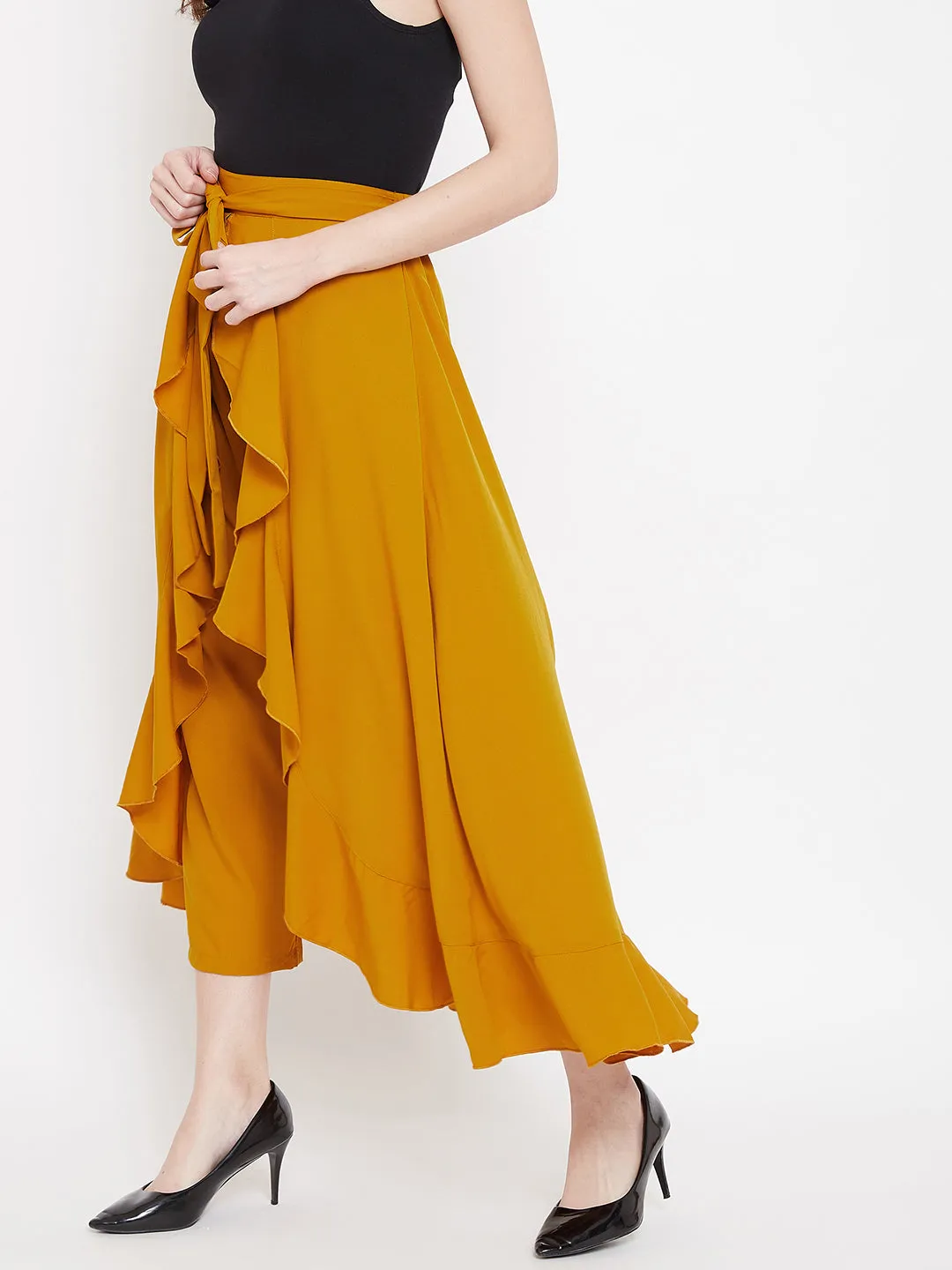 Berrylush Women Solid Mustard Yellow Waist Tie-Up High-Low Flared Maxi Skirt with Attached Trousers