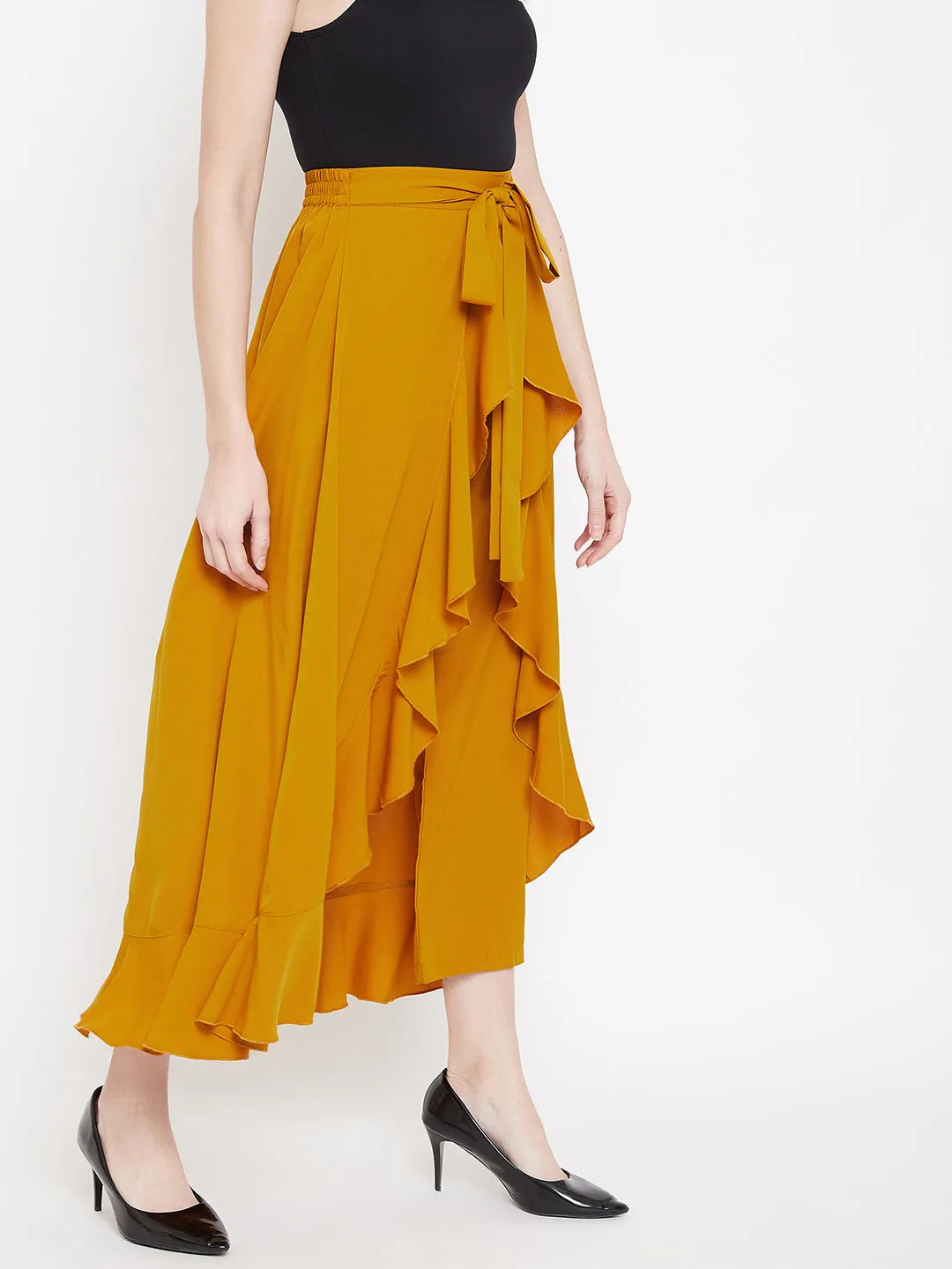 Berrylush Women Solid Mustard Yellow Waist Tie-Up High-Low Flared Maxi Skirt with Attached Trousers