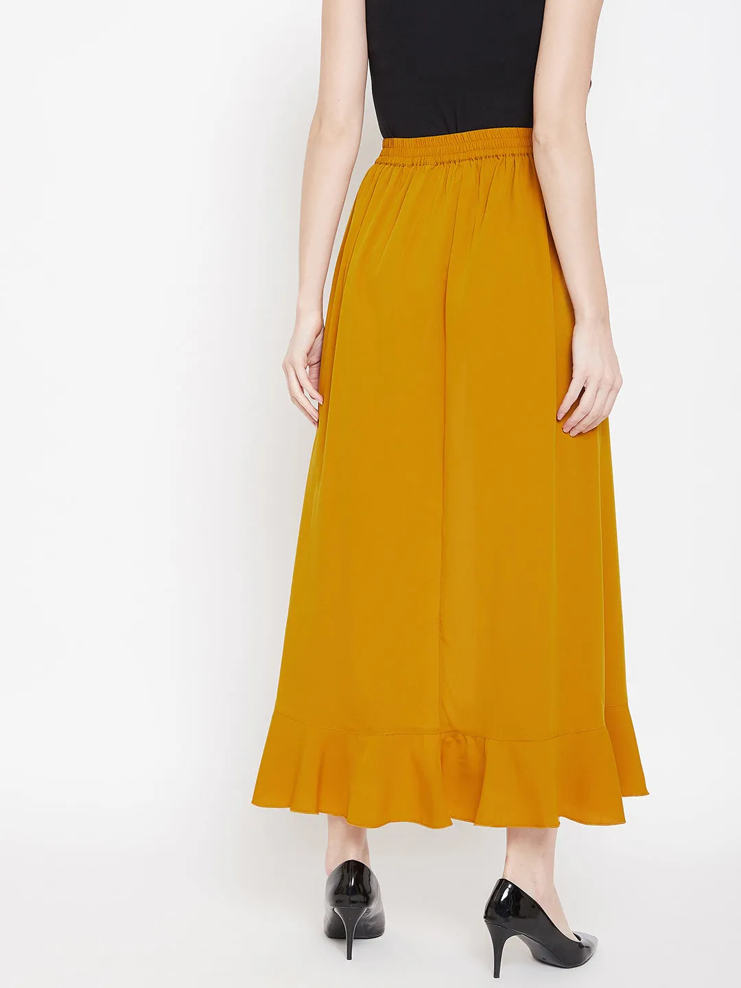 Berrylush Women Solid Mustard Yellow Waist Tie-Up High-Low Flared Maxi Skirt with Attached Trousers